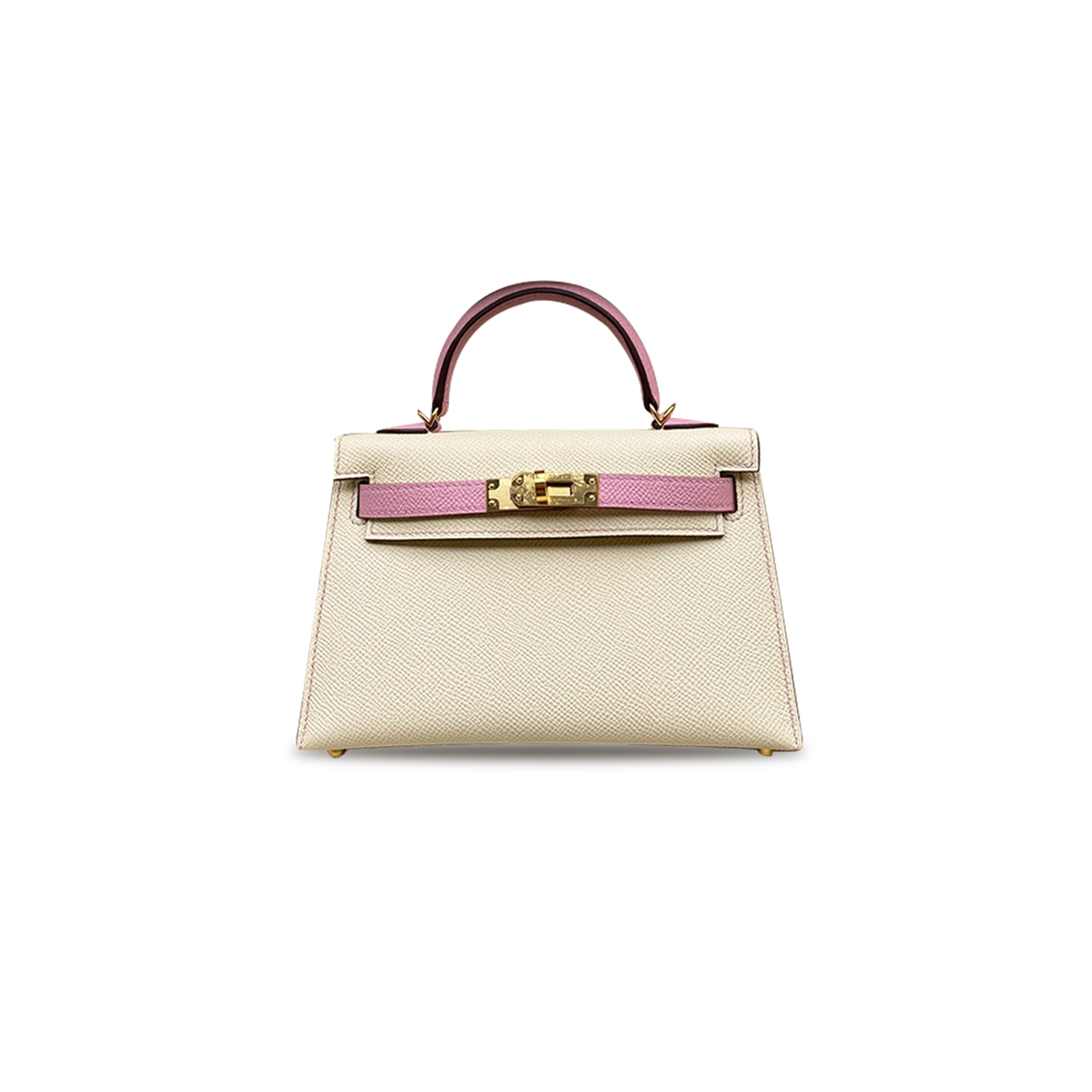 HERMÈS MASTER MINI KELLY II EPSOM CREAM WHITE MALLOW PURPLE GOLD BUCKLE (19*12*5.5cm)